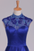 2023 High Neck Prom Dresses Satin With Beading Floor Length Dark Royal Blue