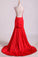 2023 Open Back Prom Dresses Stretch Satin Scoop Sweep Train