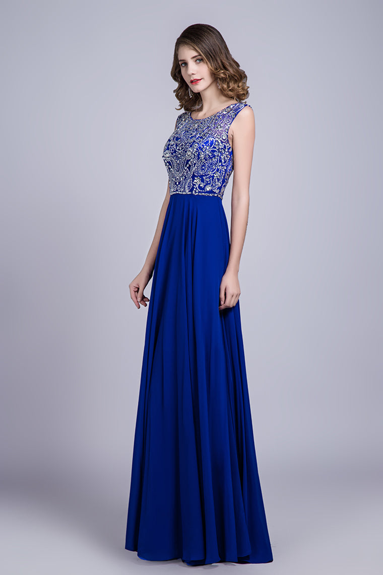 2023 Prom Dresses A-Line Scoop Floor-Length Dark Royal Blue Chiffon Beaded Bodice