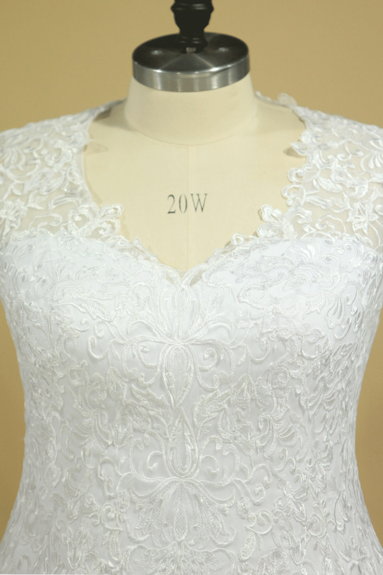 2023 Plus Size A Line V Neck Wedding Dresses Tulle With Applique Court Train