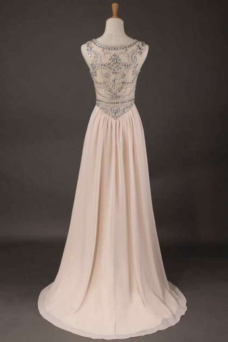 2023 Hot Selling Scoop A Line Full Length Prom Dress Beaded Tulle Bodice With Chiffon Skirt Ready To Ship