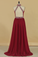 2023 A Line High Neck Chiffon Prom Dresses With Beads Open Back Sweep Train