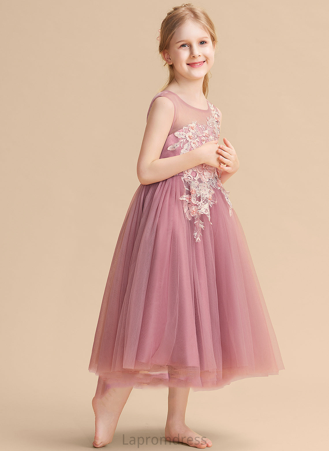 Girl Sleeveless Flower Girl Dresses Isla Scoop Flower Dress Tea-length Lace/Beading With Tulle Ball-Gown/Princess Neck -