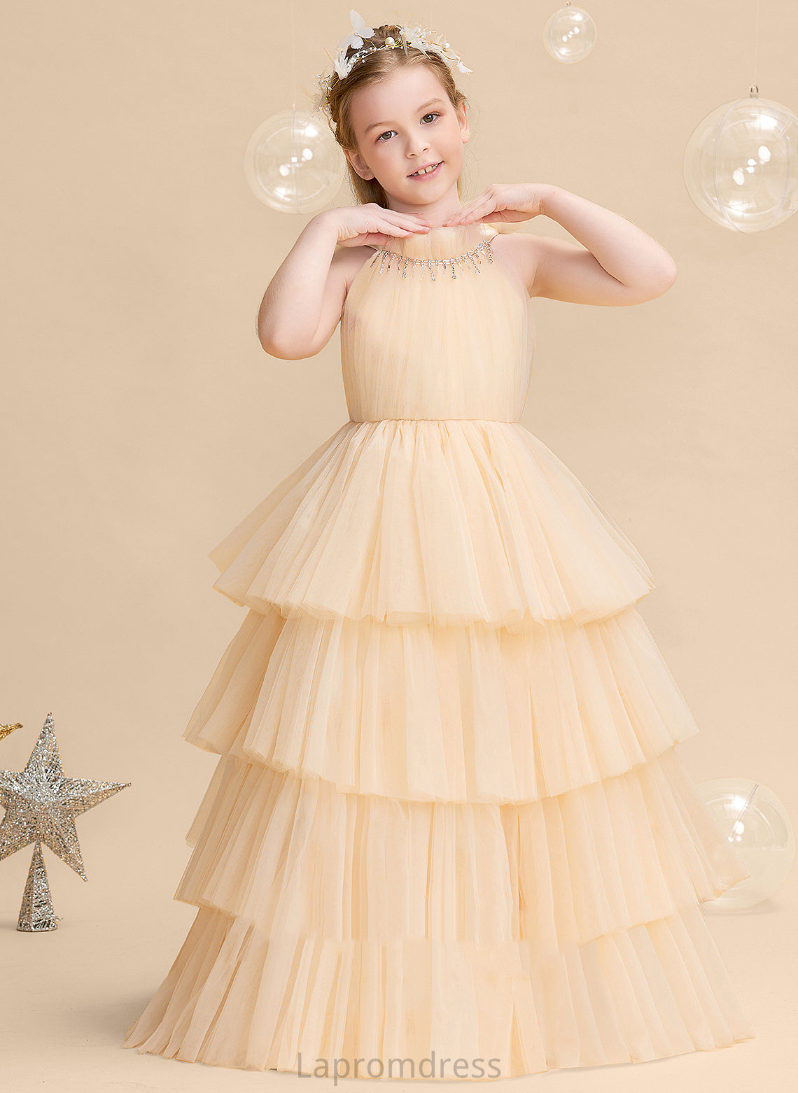 Dress Sleeveless Flower Girl Dresses Tulle Girl Ella Floor-length High Neck Ball-Gown/Princess - Flower