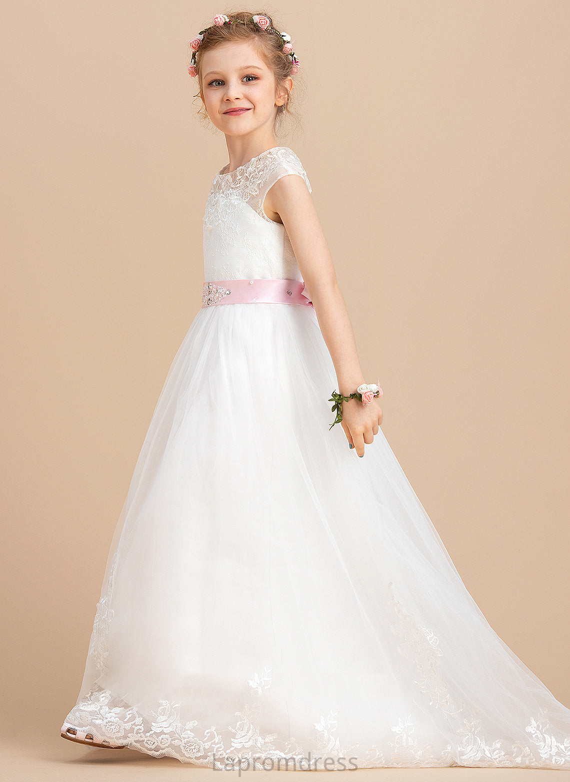 Scoop Floor-length Dress Harmony (Petticoat Neck NOT Sleeveless Sash/Beading/Appliques/Bow(s) Girl - Flower Girl Dresses Ball-Gown/Princess included) Flower With Tulle/Lace