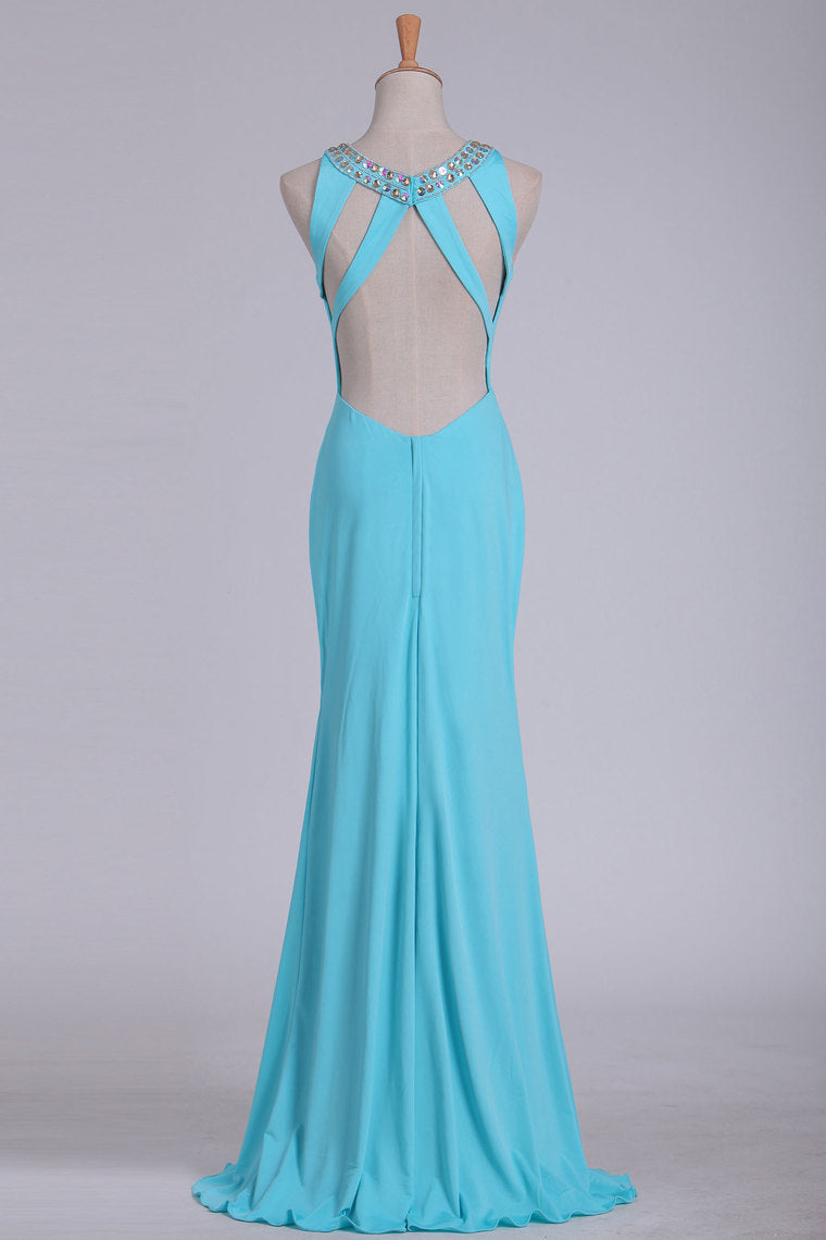 2023 Sexy Open Back Scoop With Beads And Slit Prom Dresses Spandex Sheath