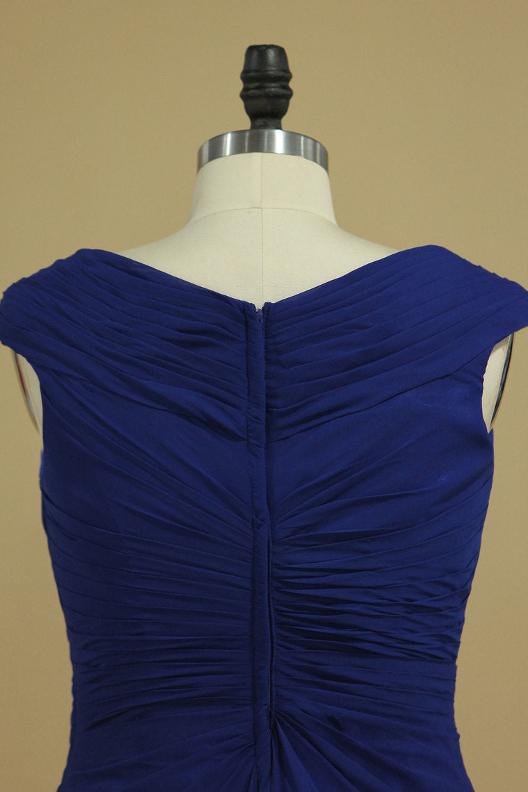 2023 Dark Royal Blue A Line Cowl Neck Prom Dresses Chiffon With Applique And Beads