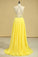 2023 A Line Prom Dresses Halter Beaded Bodice Open Back Sweep Train Chiffon & Tulle Daffodil
