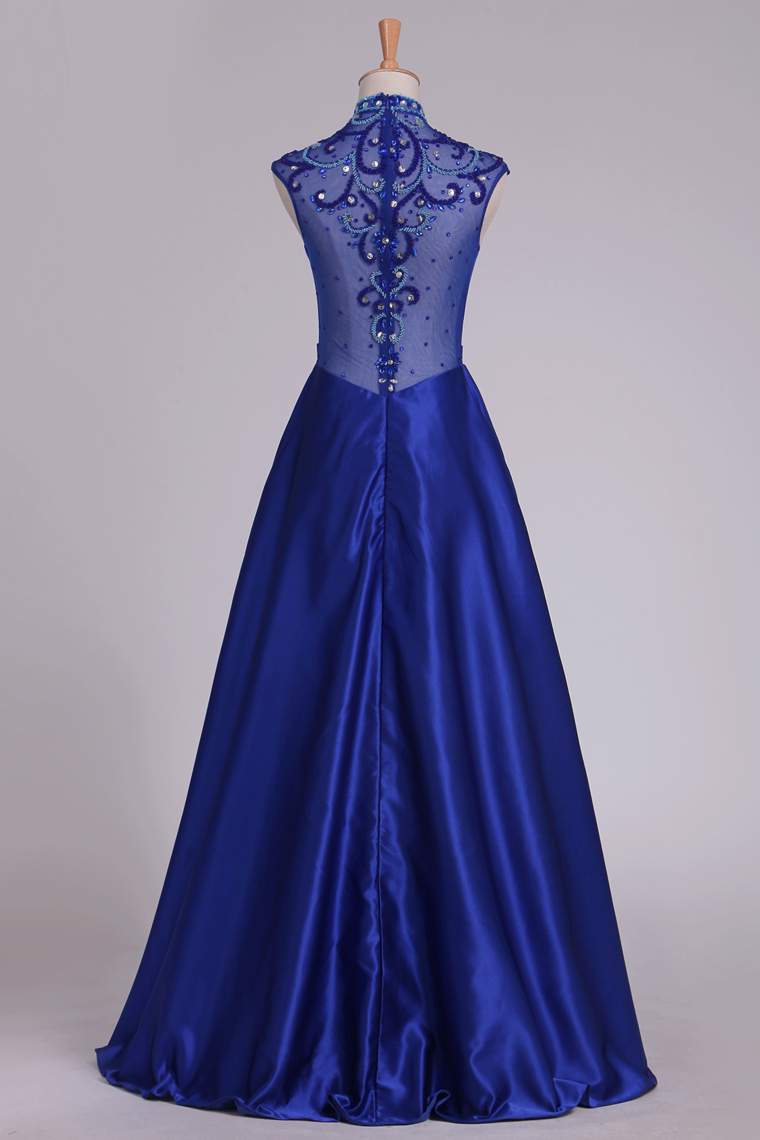 2023 High Neck Prom Dresses Satin With Beading Floor Length Dark Royal Blue