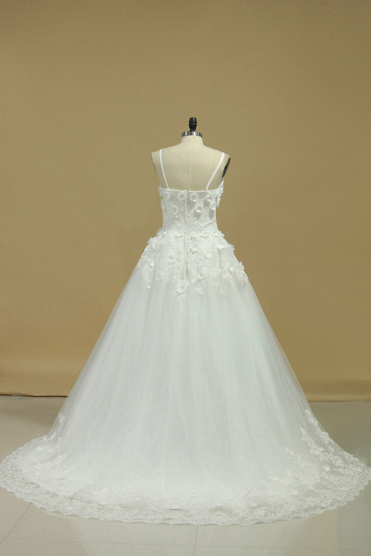 2023 A Line Spaghetti Straps Court Train Wedding Dresses Tulle With Applique And Handmade Flowers