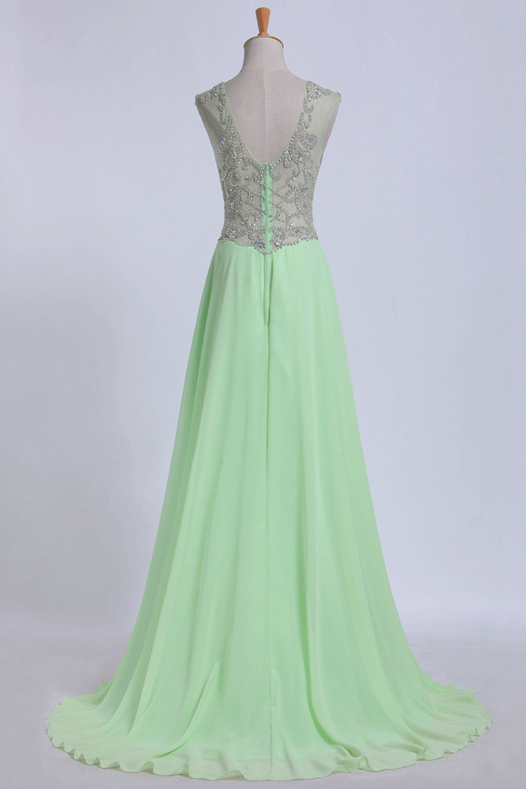 2023 V-Neck Prom Dresses  A-Line/Princess With Beads Chiffon&Tulle