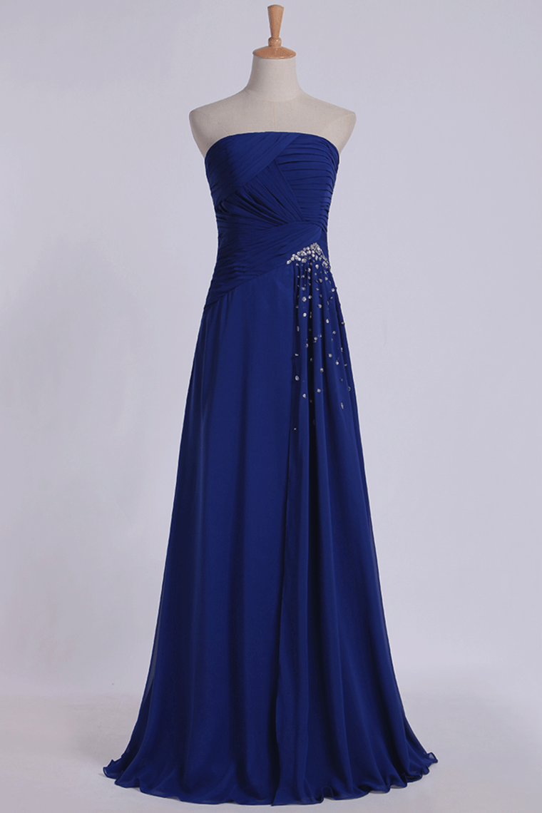 2023 Classic Prom Dresses Strapless A Line Chiffon Floor Length With Ruffles And Beads