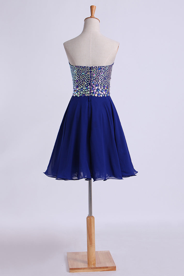 2023 Homecoming Dress Dark Royal Blue Beaded Sweetheart Short/Mini A Line/Princess Chiffon
