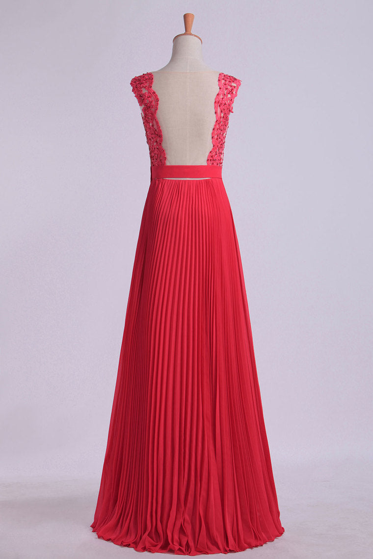 2023  V Neck Prom Dress Appliqued Bodice Ruched Waistband Flowing Chiffon Skirt