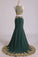 2023 Dark Green Mermaid Two-Piece Prom Dresses Scoop Sweep/Brush Chiffon With Gold Applique