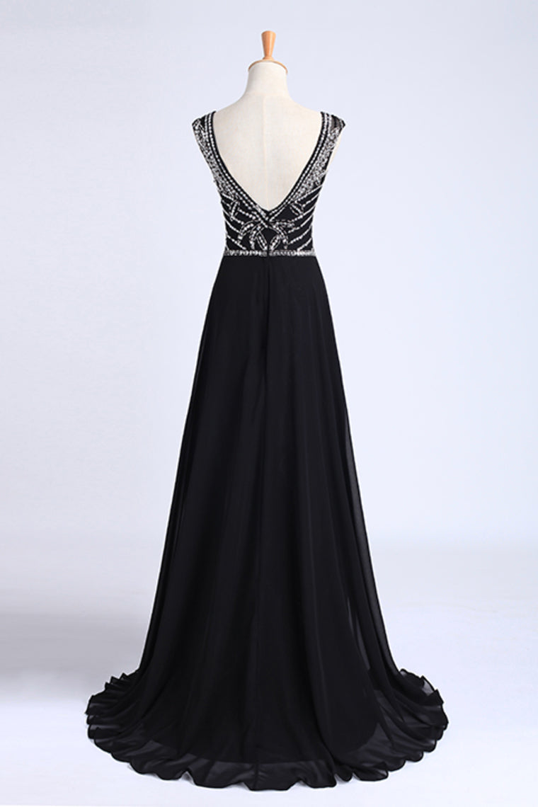 2023 Prom Dresses A-Line Scoop Dark Navy Blue Long Chiffon Chic Dresses