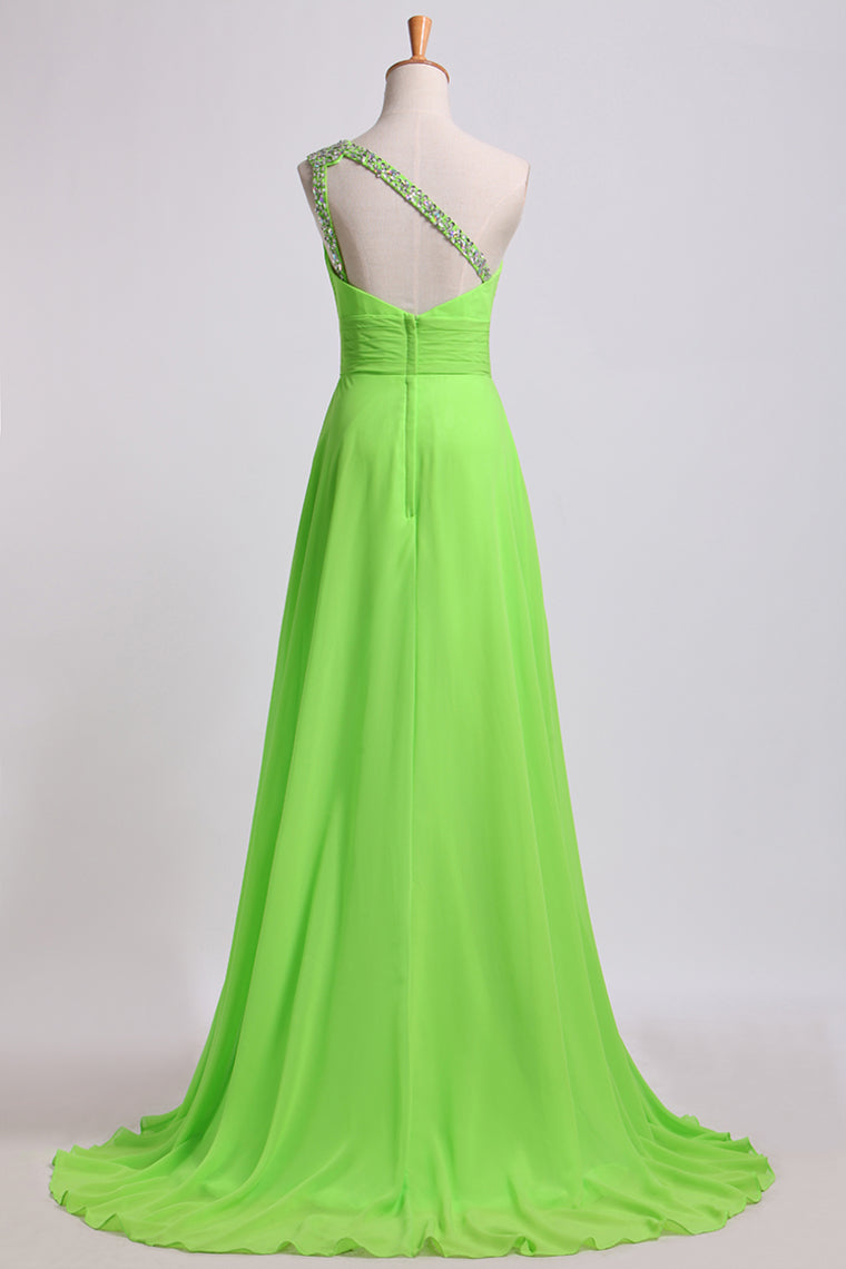 Cheap Prom Dresses Green One Shoulder Floor Length Sweep/Brush Train