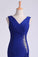 2023 V Neck Pleated Bodice Column Sweep Train Prom Dress With Beads