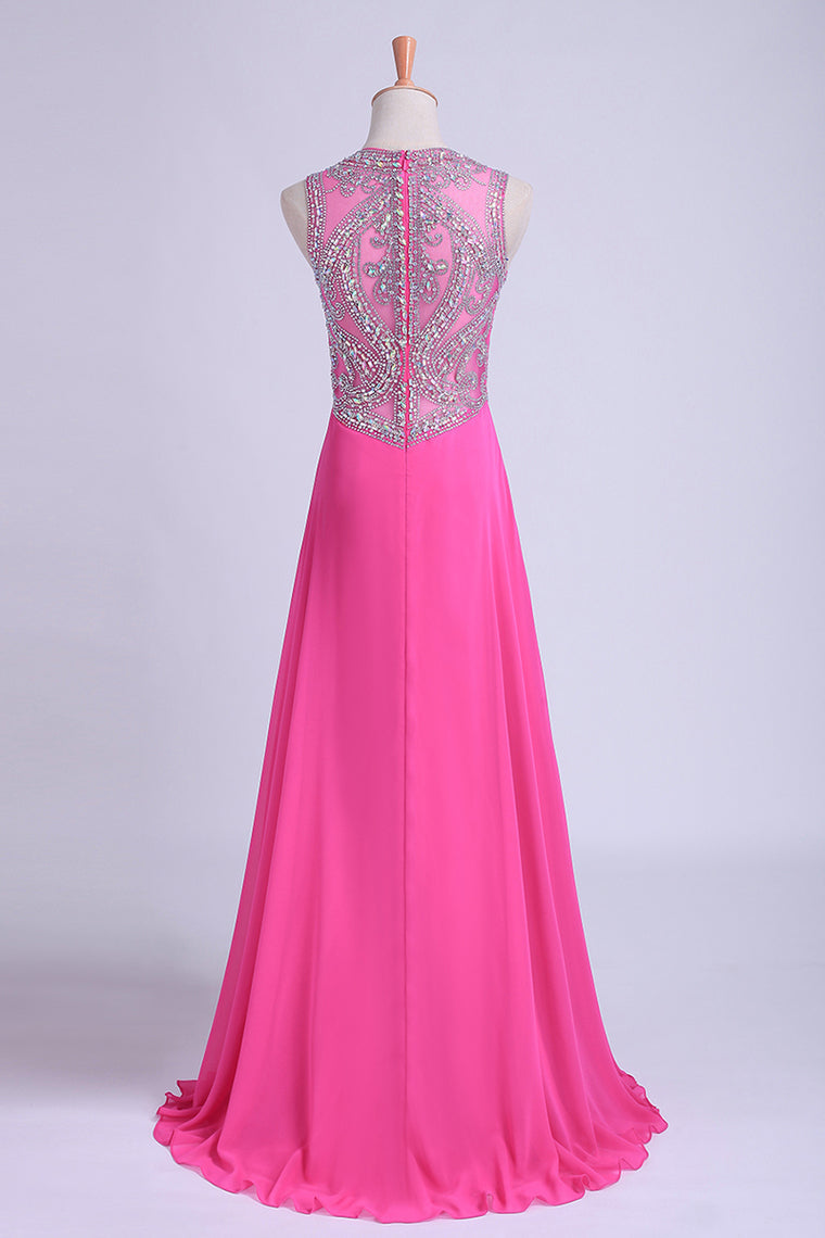2023 Scoop A-Line Chiffon&Tulle Floor-Length Prom Dresses With Beads Color Fuchsia