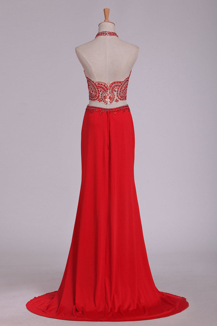 2023 Prom Dresses See-Through High Neck Two Pieces Spandex With Slit And Beading