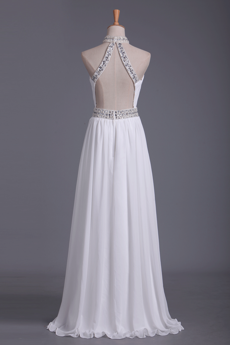 2023 Sexy Open Back Chiffon With Beads High Neck Sweep Train Prom Dresses