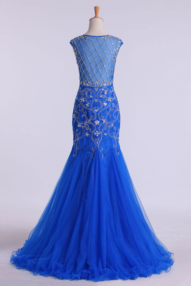 2023 Scoop Beaded And Fitted Bodice Trumpet Prom Dress Tulle