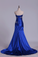 2023 Mermaid Strapless Dark Royal Blue Sweep Train Elastic Satin With Beadings Prom Dresses