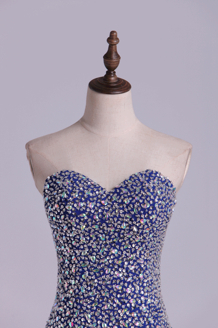 2023 Homecoming Dresses Sheath Sweetheart Mini With Rhinestones&Beads Dark Royal Blue