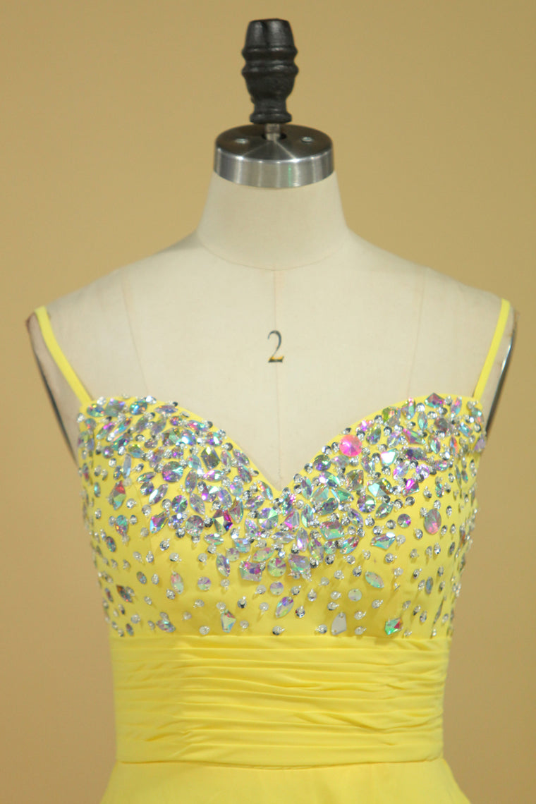 2023 Prom Dress Spaghetti Straps Rhinestone Beaded Bodice Runched Waistband With Flowing Chiffon Skirt
