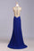 2023 Scoop Neckline Column Beaded Bodice Prom Dresses With Court Train & Slit
