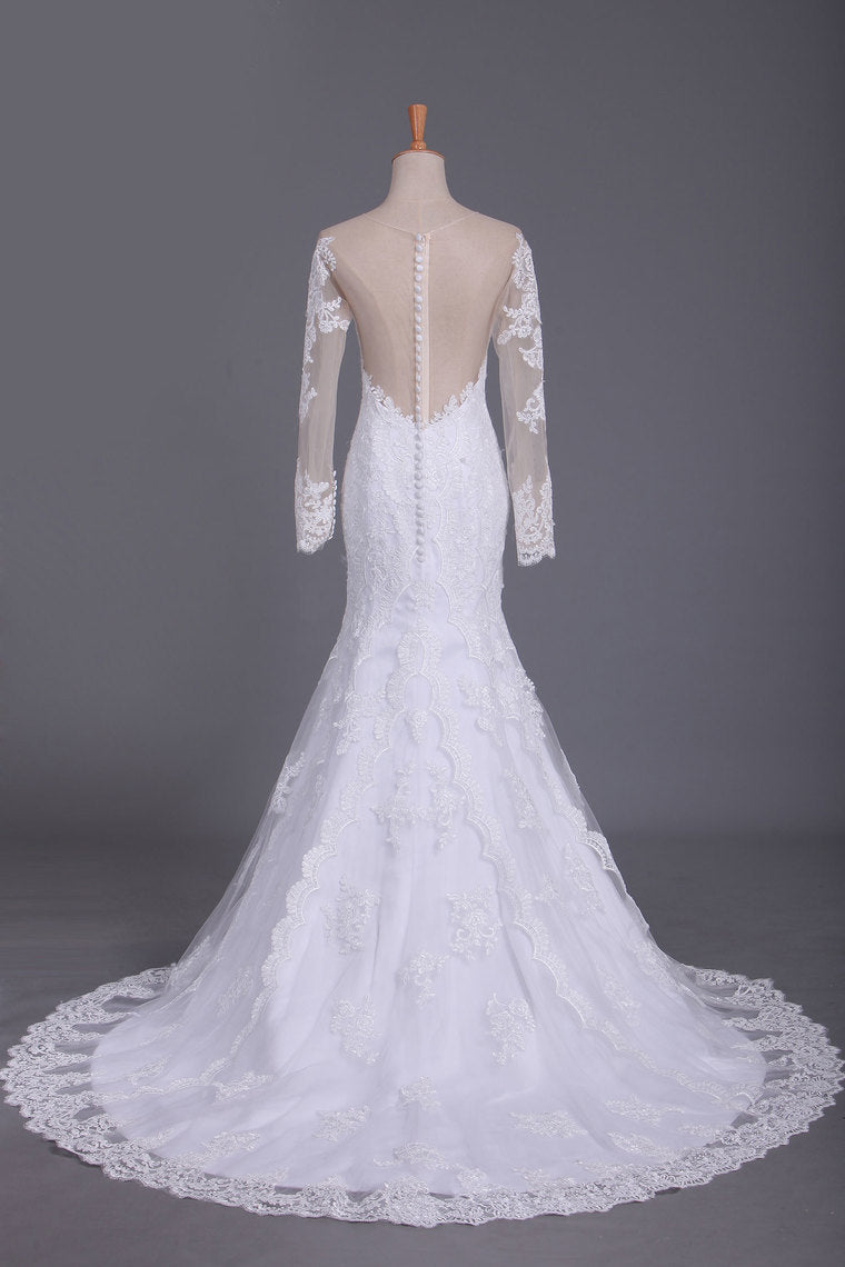 2023 Wedding Dresses Mermaid Scoop Long Sleeves Tulle With Applique Court Train