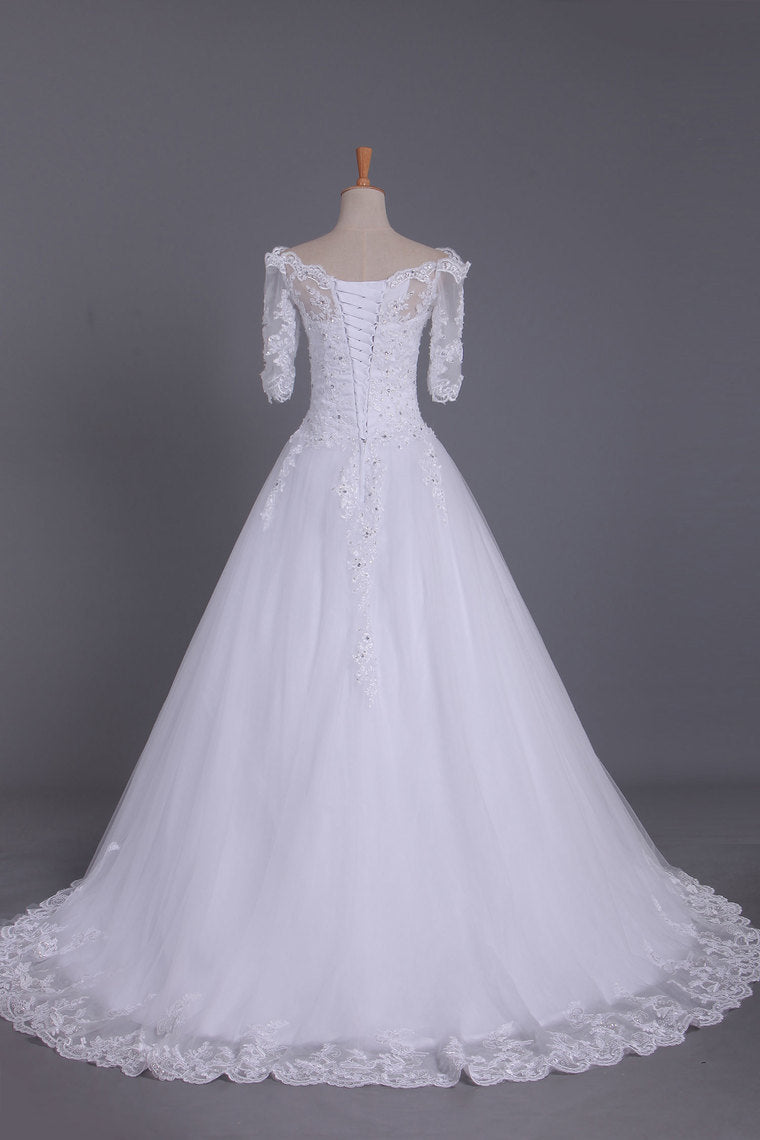 2023 Mid-Length Sleeves Boat Neck Wedding Dresses A Line Tulle With Applique And Beads