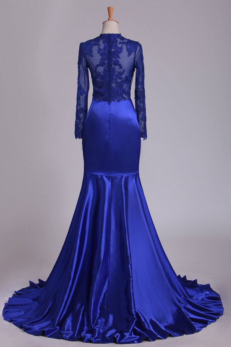 2023 Long Sleeve Evening Dresses Mermaid/Trumpet Elastic Satin With Applique Dark Royal Blue