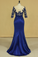 2023 Bateau Dark Royal Blue Mother Of The Bride Dresses 3/4 Length Sleeve With Applique Satin Dark Royal Blue