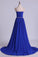 2023 Scoop Prom Dresses A Line Pleated Bodice Chiffon With Beads Dark Royal Blue