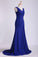 2023 V Neck Pleated Bodice Column Sweep Train Prom Dress With Beads