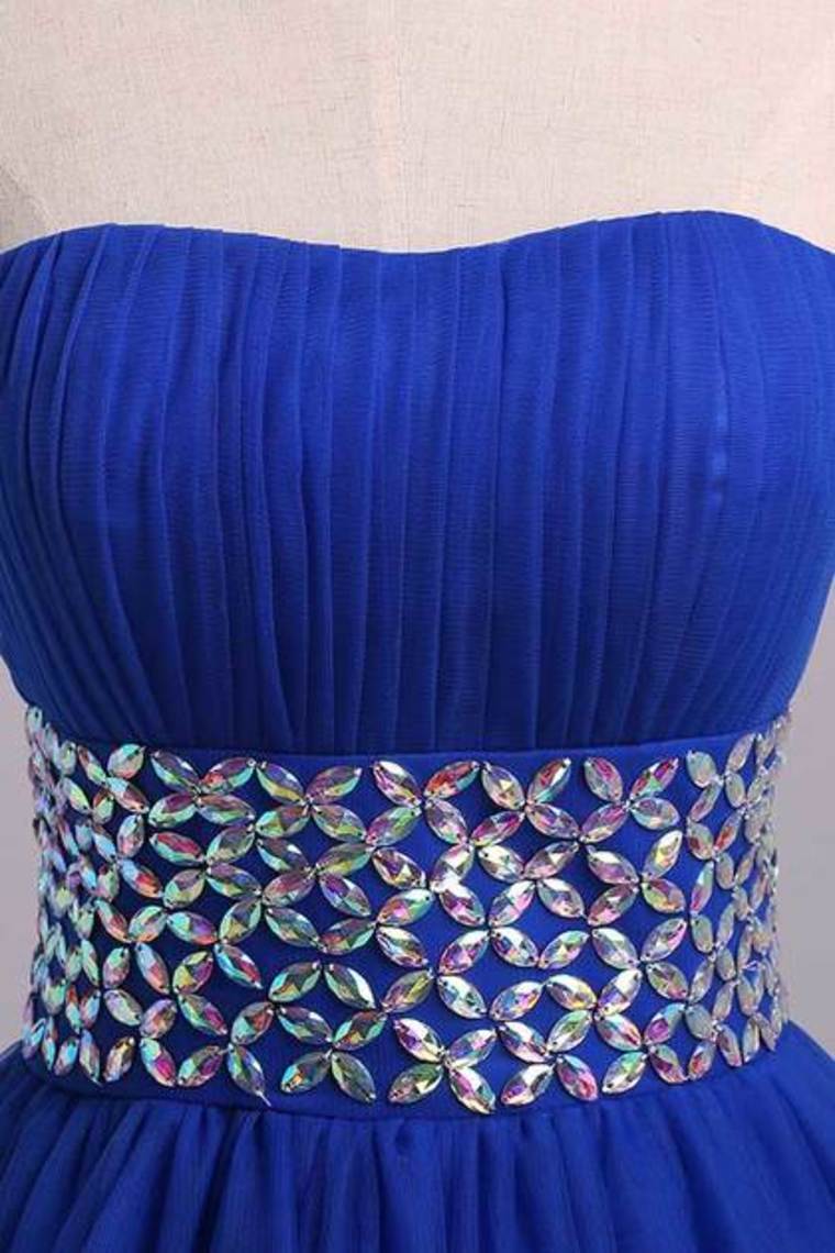 2023 Prom Dress Strapless Dark Royal Blue A Line/Princess Pick Up Tulle Skirt Beaded Waistline