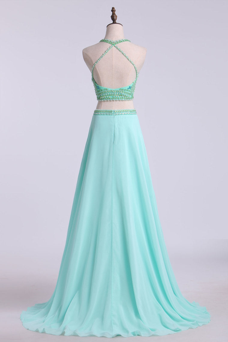 2023 Prom Dresses Two Pieces Halter A Line Chiffon Beaded Bodice