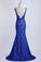 2023 Evening Dresses Bateau Mermaid With Deep V Shape Back Lace&Tulle Dark Royal Blue
