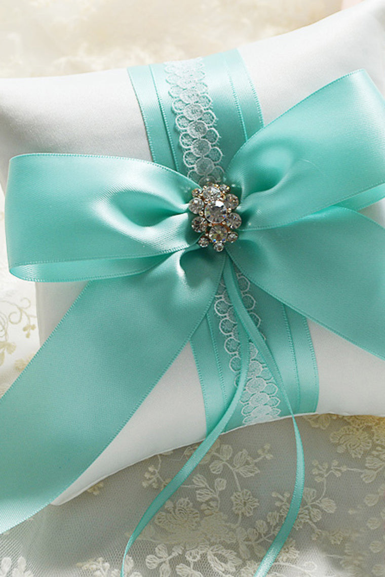 Delicate Ring Pillow In Satin With Ribbons And Rhinestone