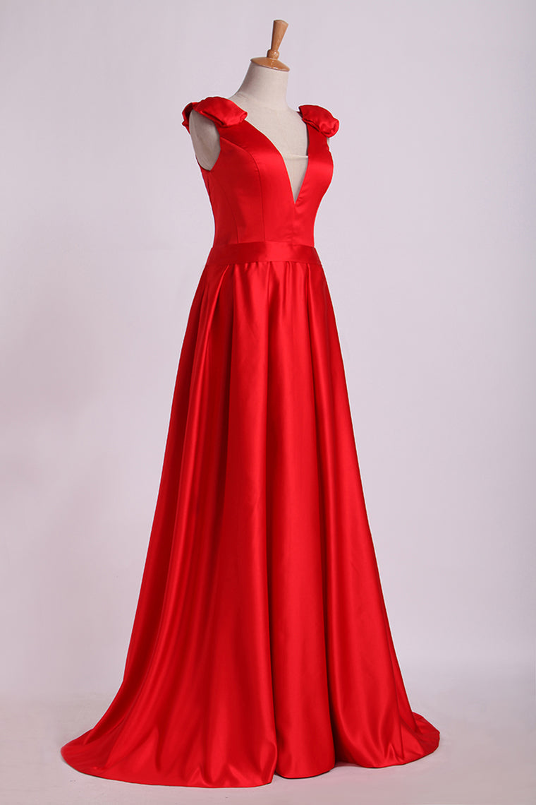 2023 Evening Dress V-Neck Bubble Shoulder A-Line Satin Floor-Length