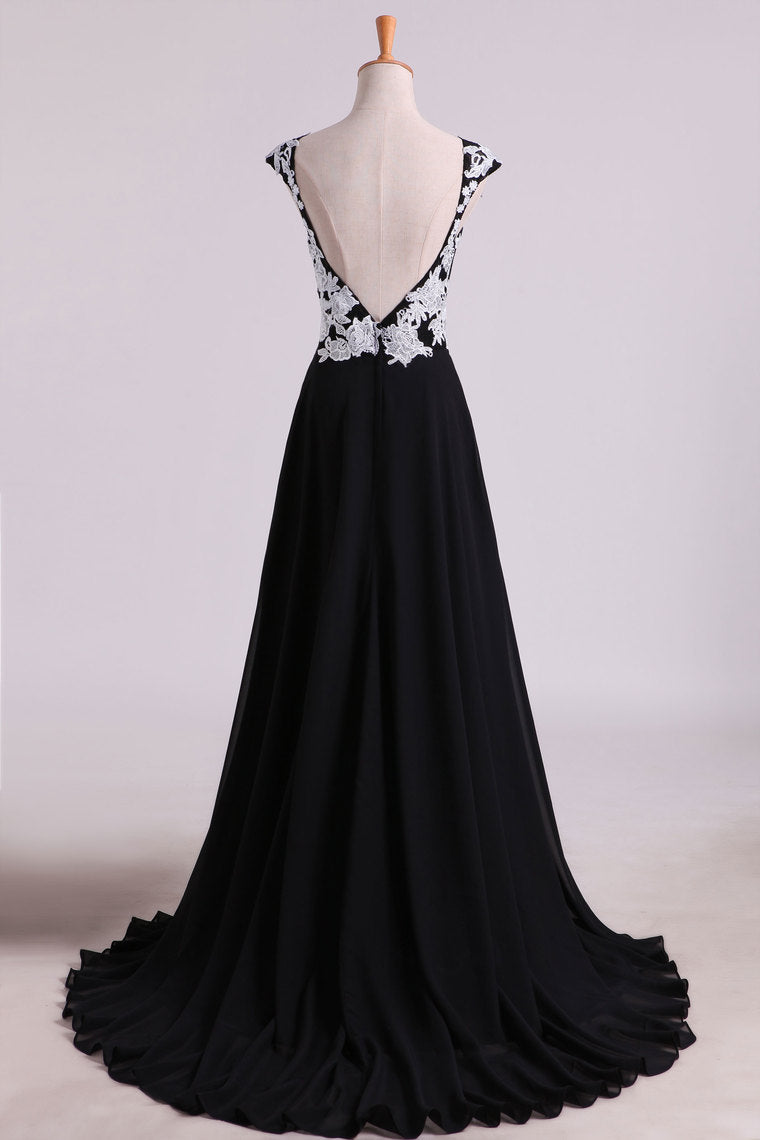 2023 Prom Dresses A Line Scoop Open Back With Applique & Slit Sweep Train Chiffon