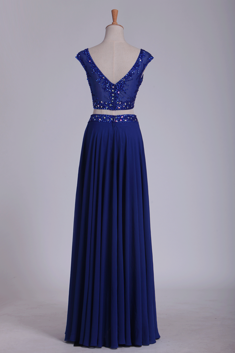 2023 Two Pieces Scoop With Beading Prom Dresses A Line Floor Length Dark Royal Blue