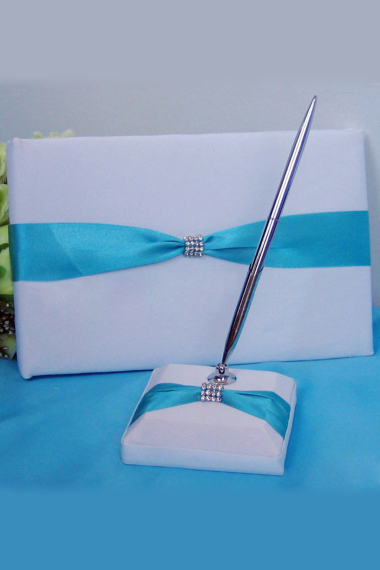 High Quality Rhinestones/Bow Guestbook & Pen Set