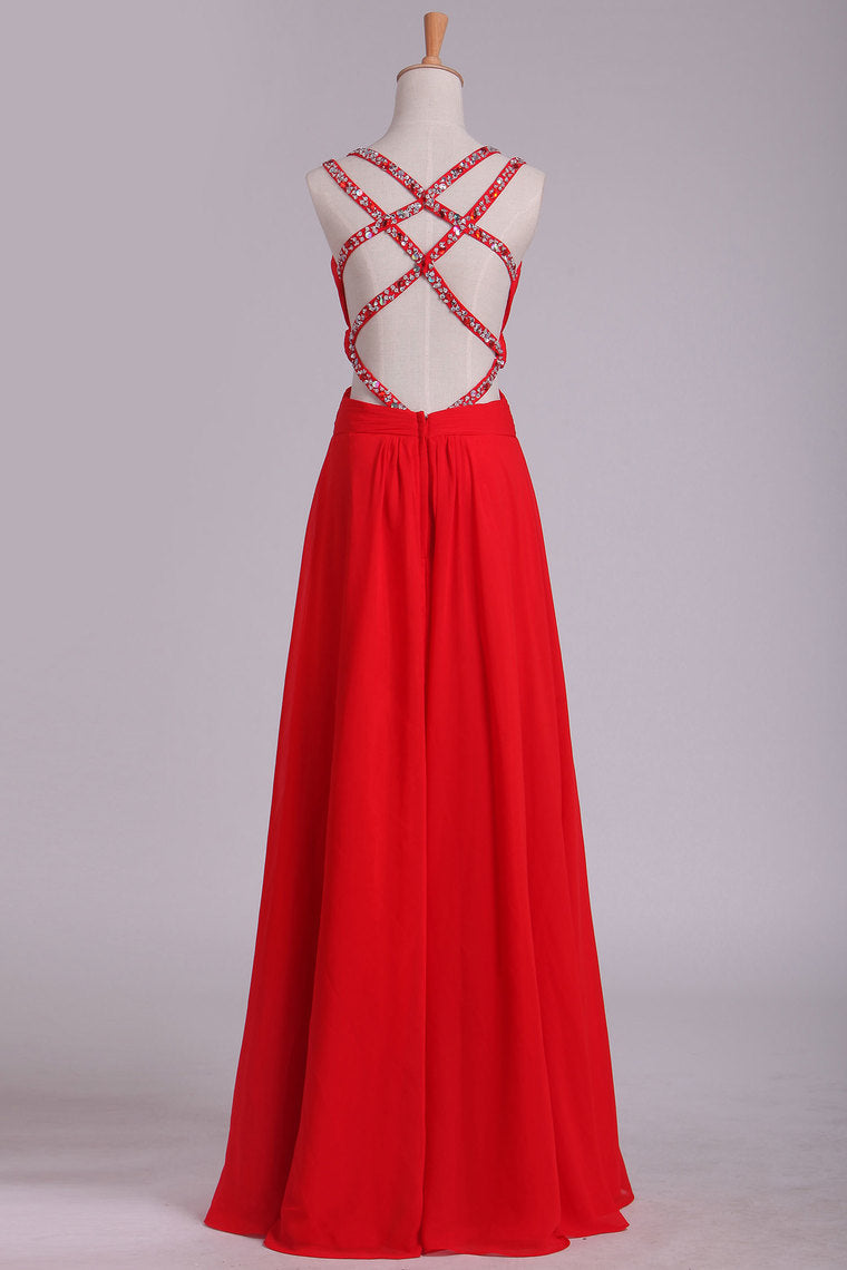 2023 Red A Line Prom Dresses Spaghetti Straps Open Back With Ruffles And Beads Chiffon
