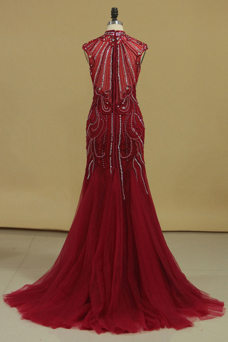 2023 Burgundy Prom Dresses High Neck Mermaid With Beading Sweep Train Tulle&Lace