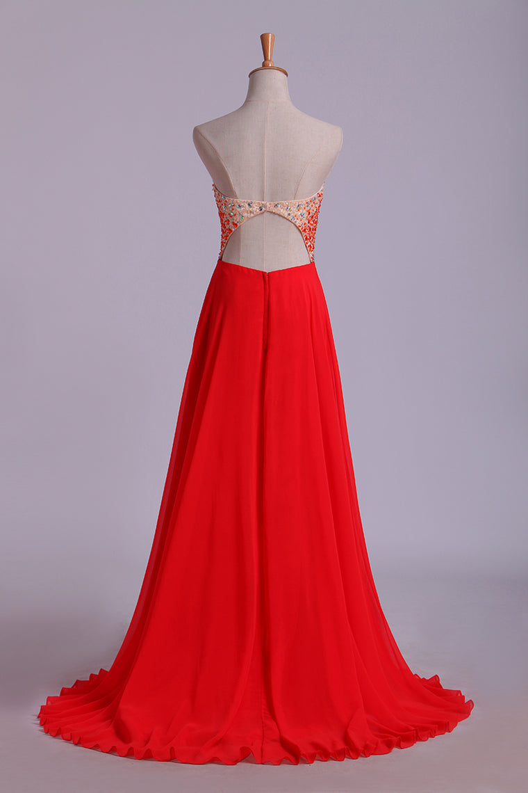 2023 Splendid Sweetheart Prom Dresses A Line Chiffon With Beads Open Back