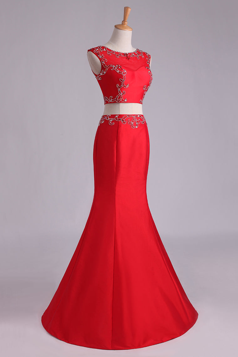 2023 Prom Dresses Two Pieces Bateau Mermaid/Trumpet Beaded Floor-Length Tulle And Taffeta