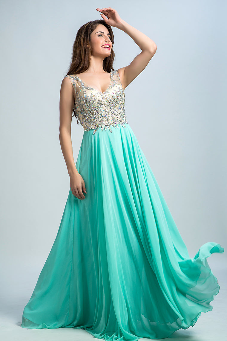 2023 V Neck Prom Dresses A Line Beaded Bodice Sweep Train Chiffon & Tulle