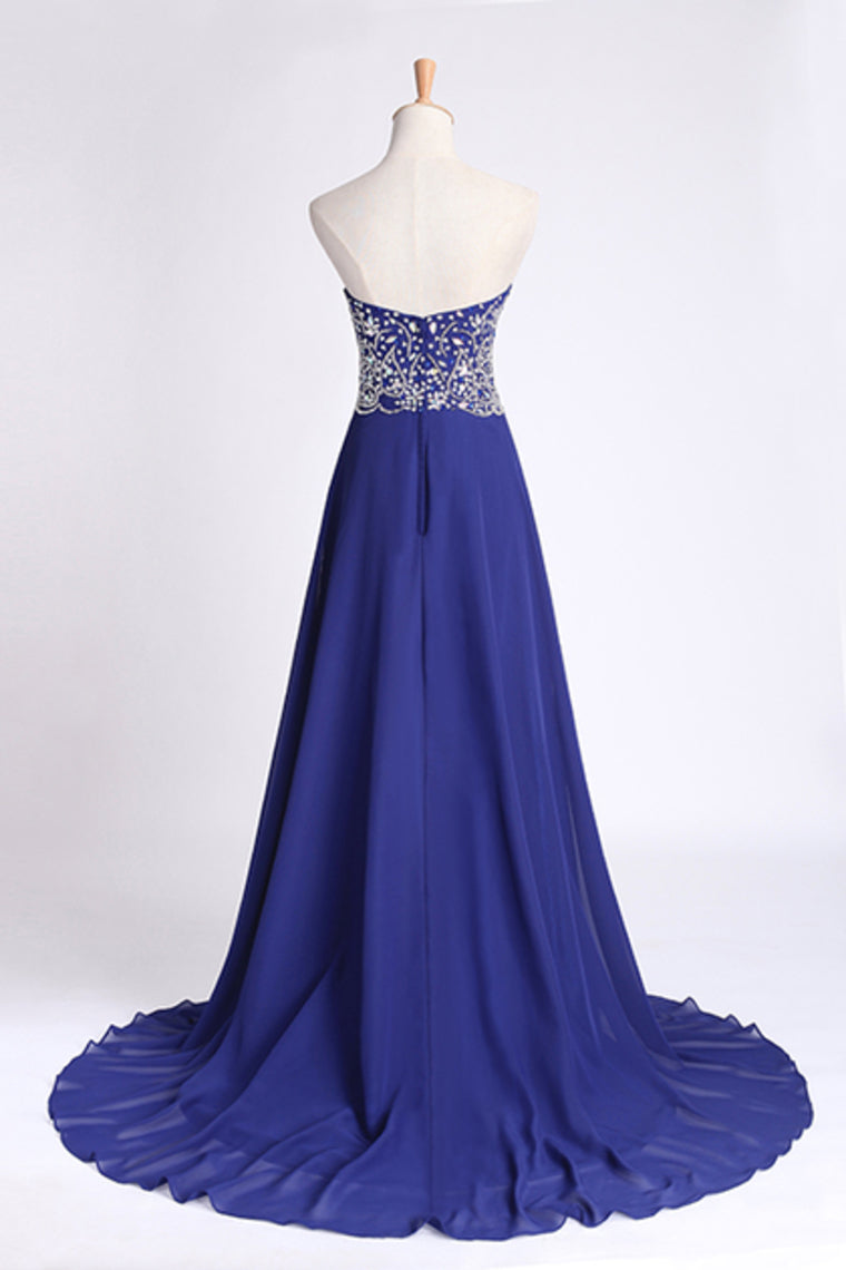 2023 Dark Royal Blue Prom Dress Sweetheart Beaded Bodice A Line Chiffon